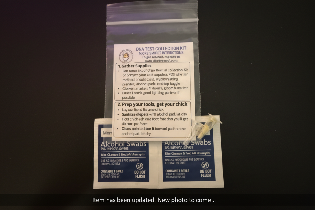 DNA test collection kit with instructions and alcohol swabs on a black background