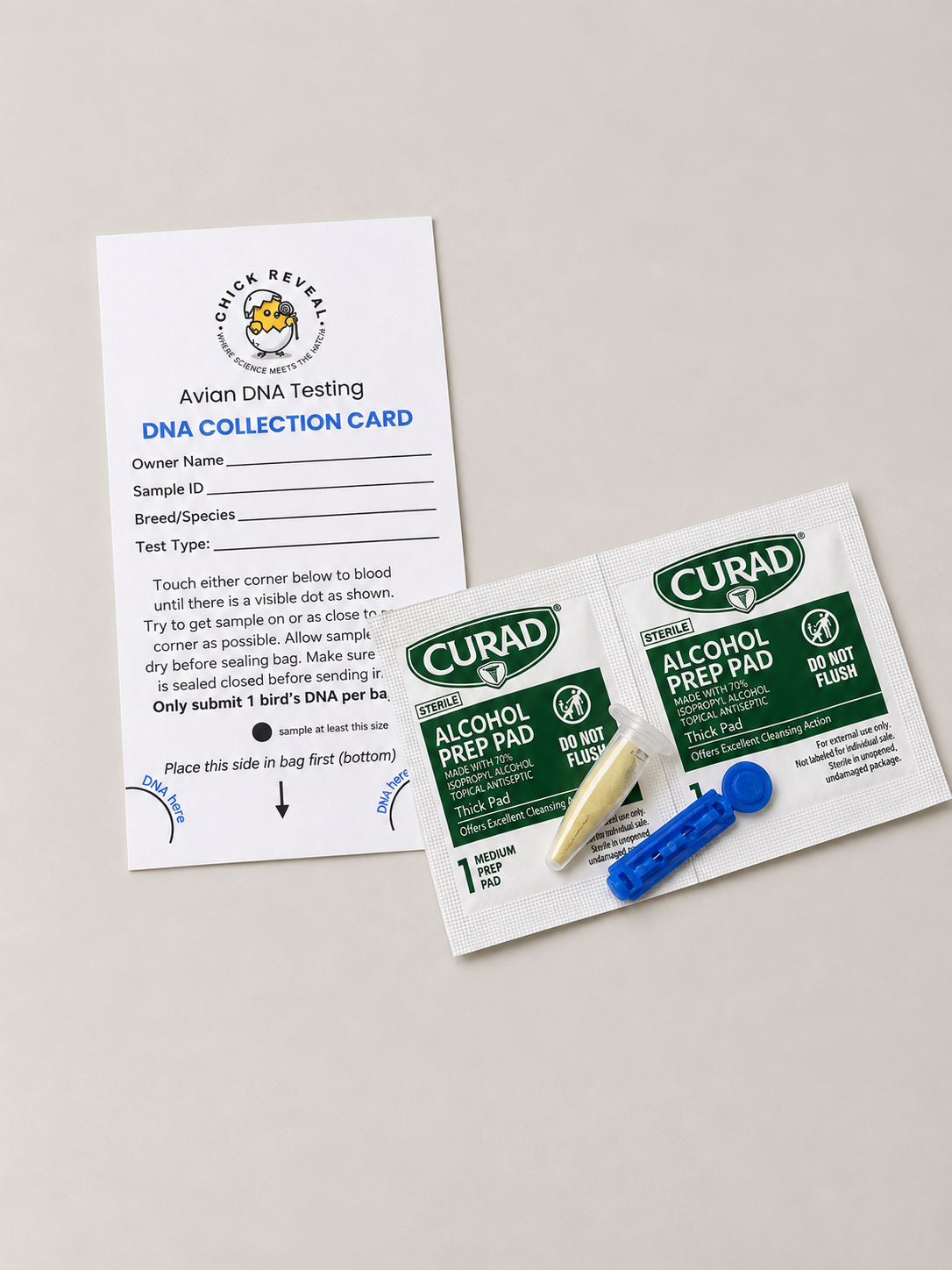 DNA Collection Kit with collection card, 2 alcohol prep pads, styptic powder, and single-use lancet